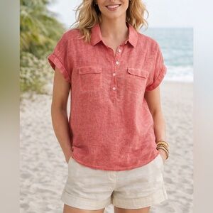 Tommy Bahama Coral Linen Short Sleeve Button Front Top Women’s M